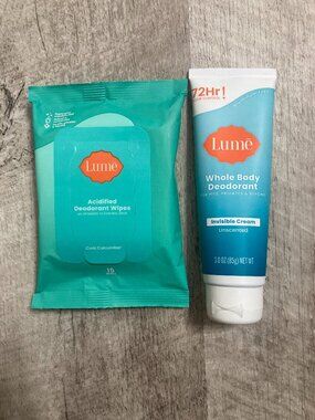 Brand New Lume Unscented Invisible Cream Deodorant and Cool Cucumber Wipes
